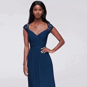 long mesh dress/gown with squared neck and lace cap sleeves  STYLE# F19505
